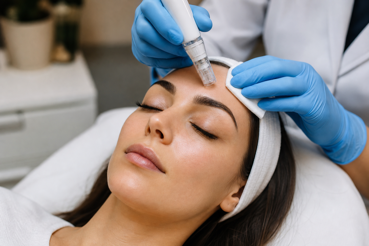 Professionelle Microneedling-Anwendung in der Praxis, glovede Hände, ruhiges Hautbild