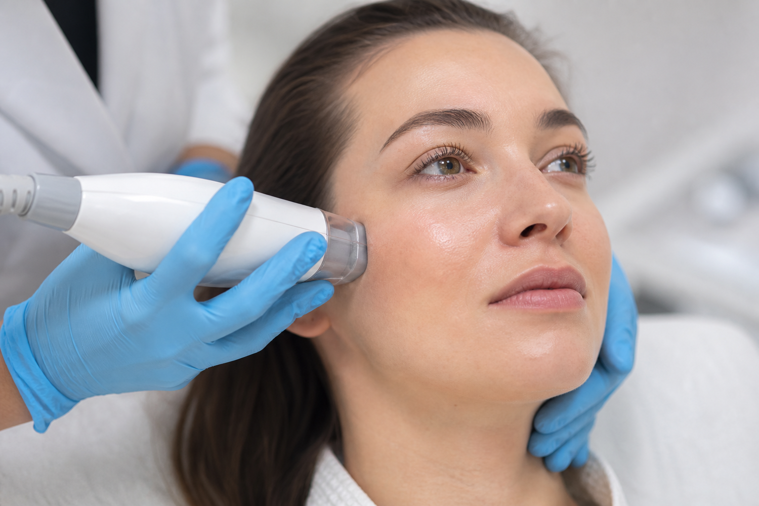 Ästhetische Behandlung mit Handstück und blauen medizinischen Handschuhen