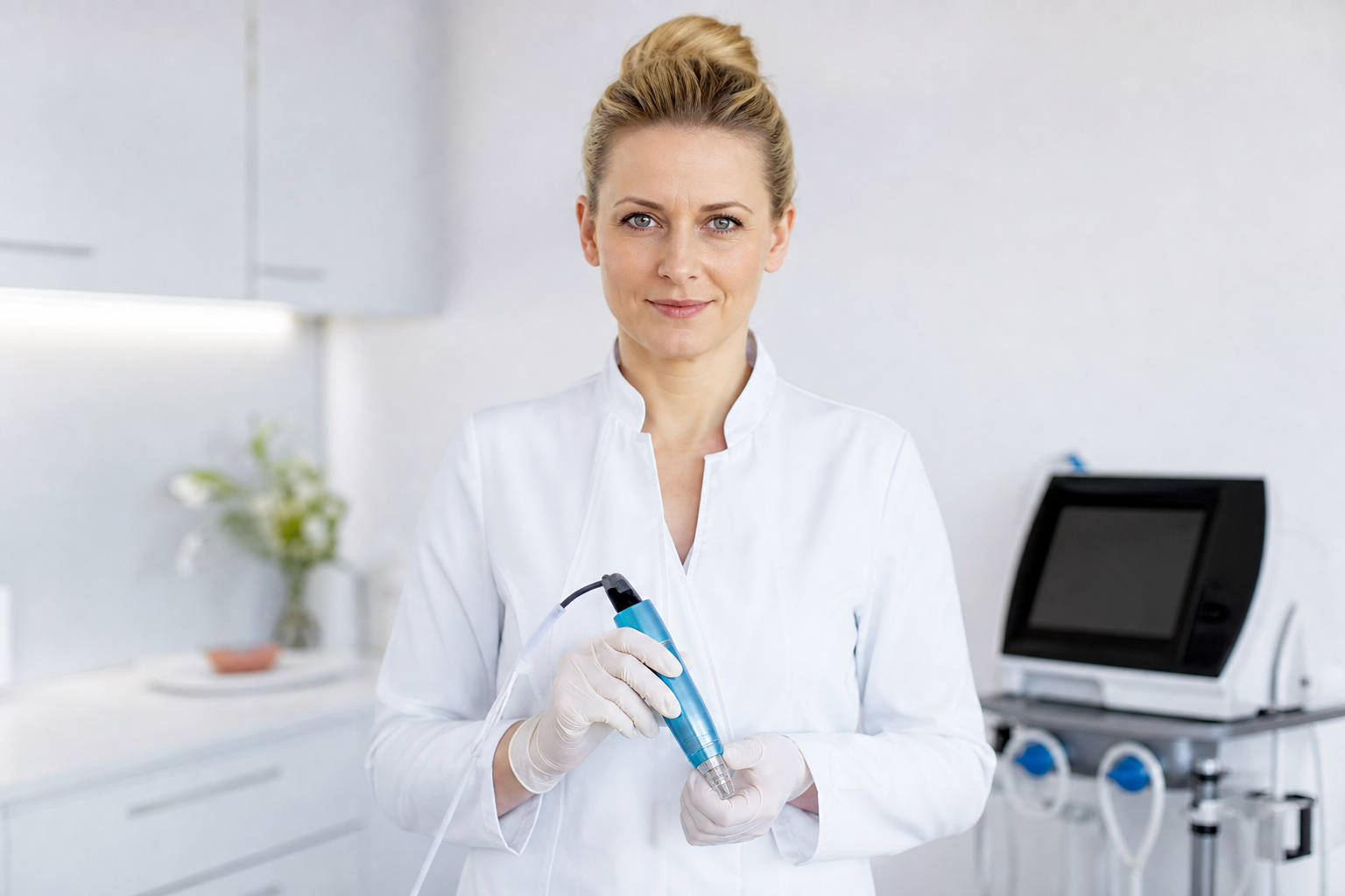 Fachärztin mit Microneedling-Gerät in einer hellen Praxis